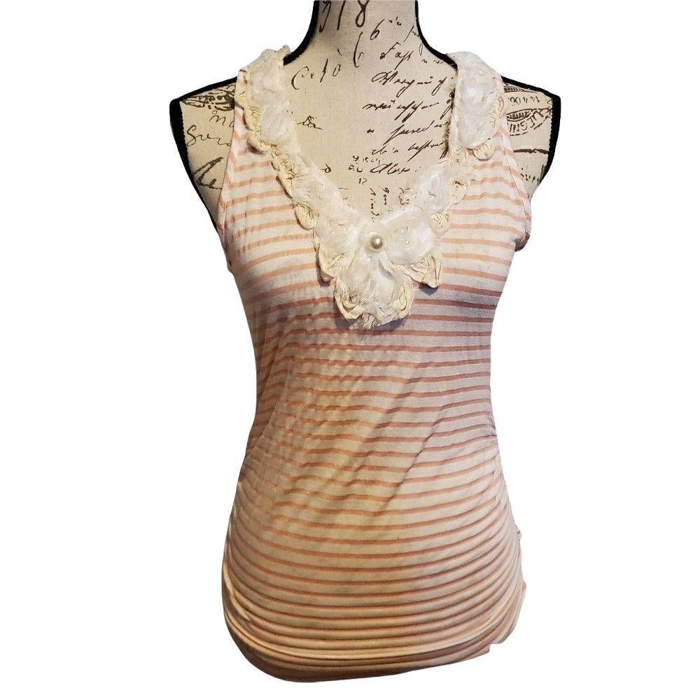 Promesa Ladies Pink & White Striped Tank With Floral Applique - Size Small